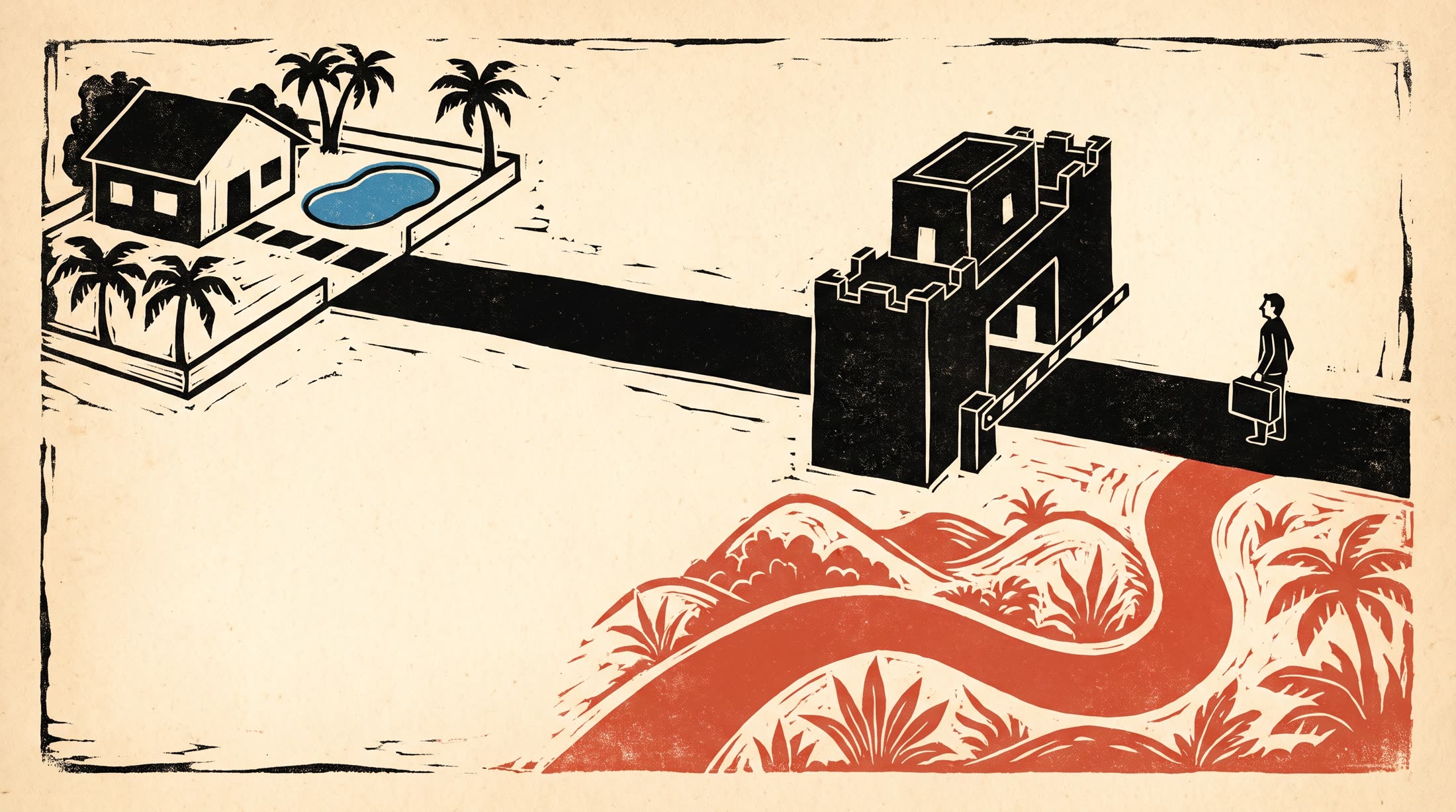 Linocut: a fortress tollgate blocks the road between a traveler and a house, while a second red road curves around it